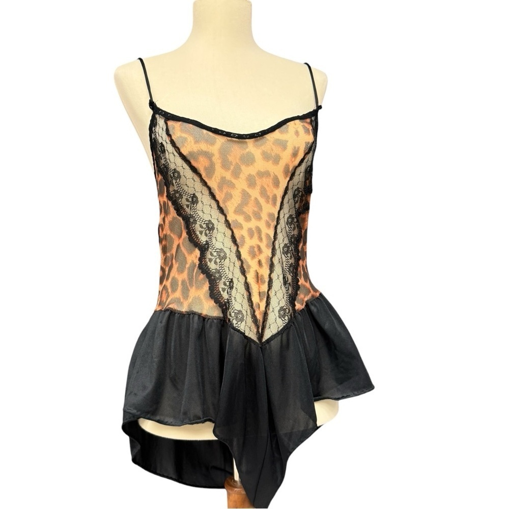 Vintage Lanique Leopard Lace Teddy Lingerie Black Sheer Skirt Medium/Large